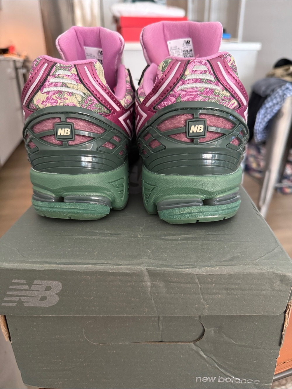 New Balance Pink Floral Sneakers with Green Soles - Picture 4 of 5